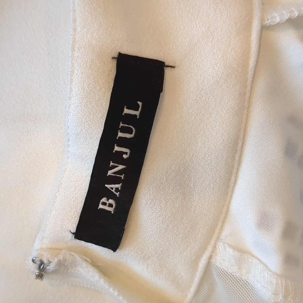 Banjul White Long Sleeve Mesh Insert Pearl Embellished Mini Dress Shoulder Large - Picture 8 of 10